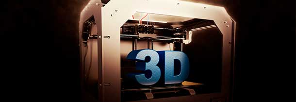 A imagem mostra o desenho de uma impressora 3D com letras azuis dentro que formam “3D”. Uma luz está sobre a impressora e o fundo é preto.