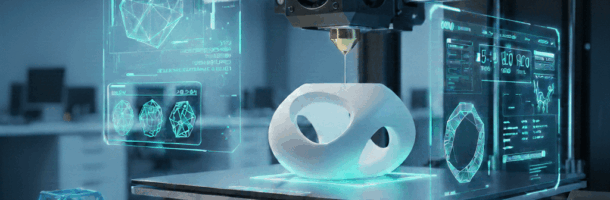 Bico de impressora 3D industrial criando um protótipo de design orgânico branco em um laboratório de inovação limpo.