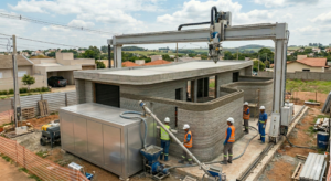 Comparativo visual entre uma impressora 3D gigante construindo uma casa de concreto e peças industriais de alta precisão produzidas via tecnologia SLS na Protosul.