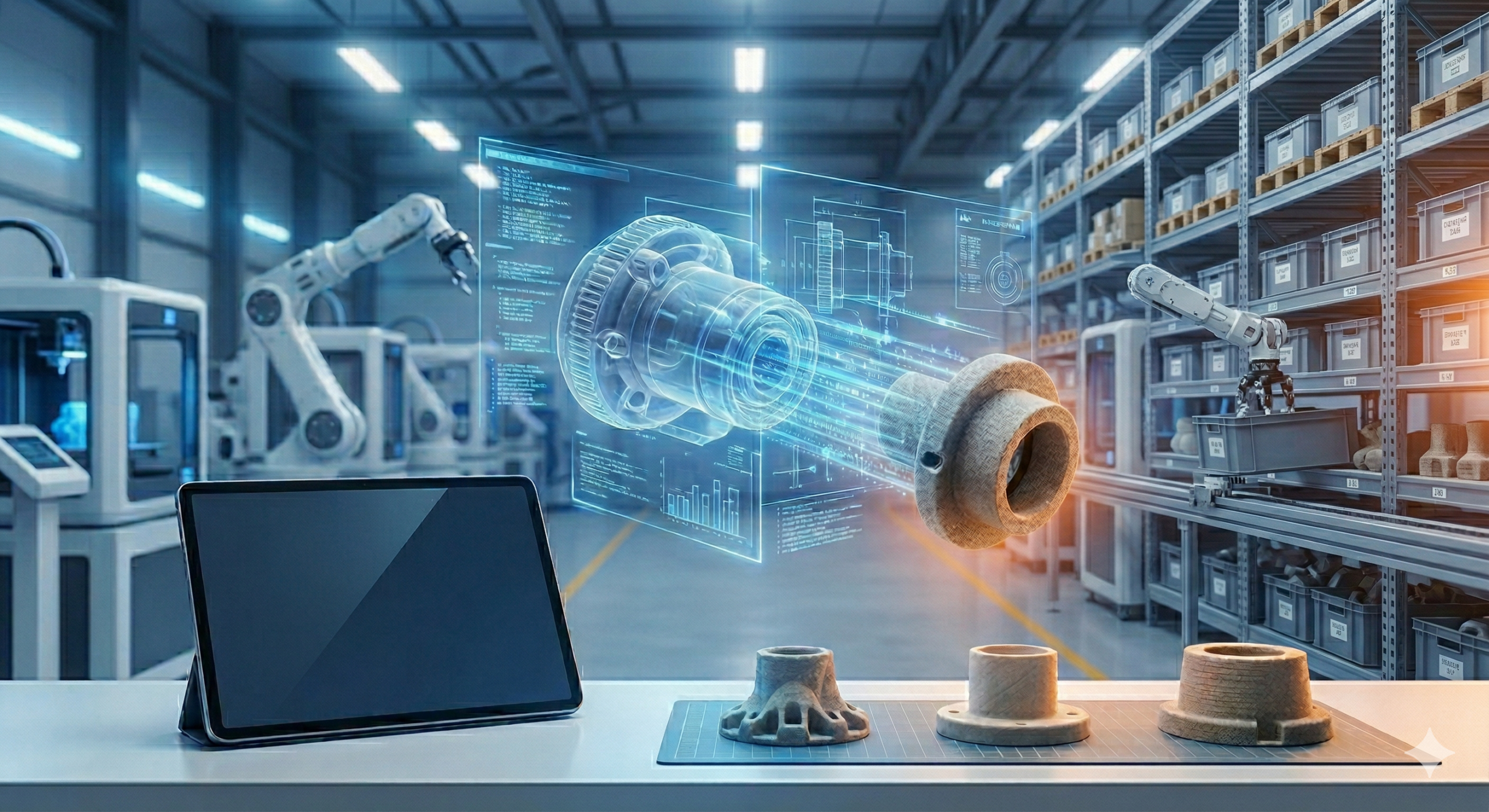 Infográfico de inventário digital conectando arquivos 3D em nuvem à produção sob demanda, ilustrando a redução de estoques físicos e a agilidade industrial.