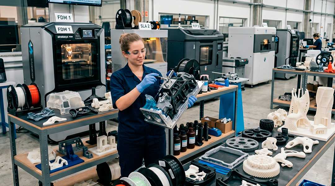 Peça industrial de alta resistência sendo fabricada em máquina de impressão 3D na indústria, ilustrando redução de custos operacionais.
